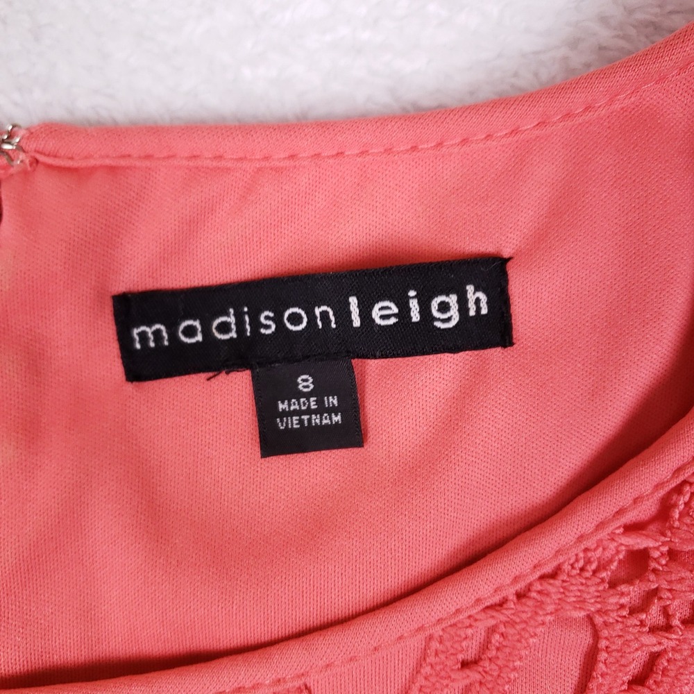 Madison Leigh Lace Sheath Dress Womens 8 Coral Pink Bell Sleeve Wedding Guest - Picture 4 of 10